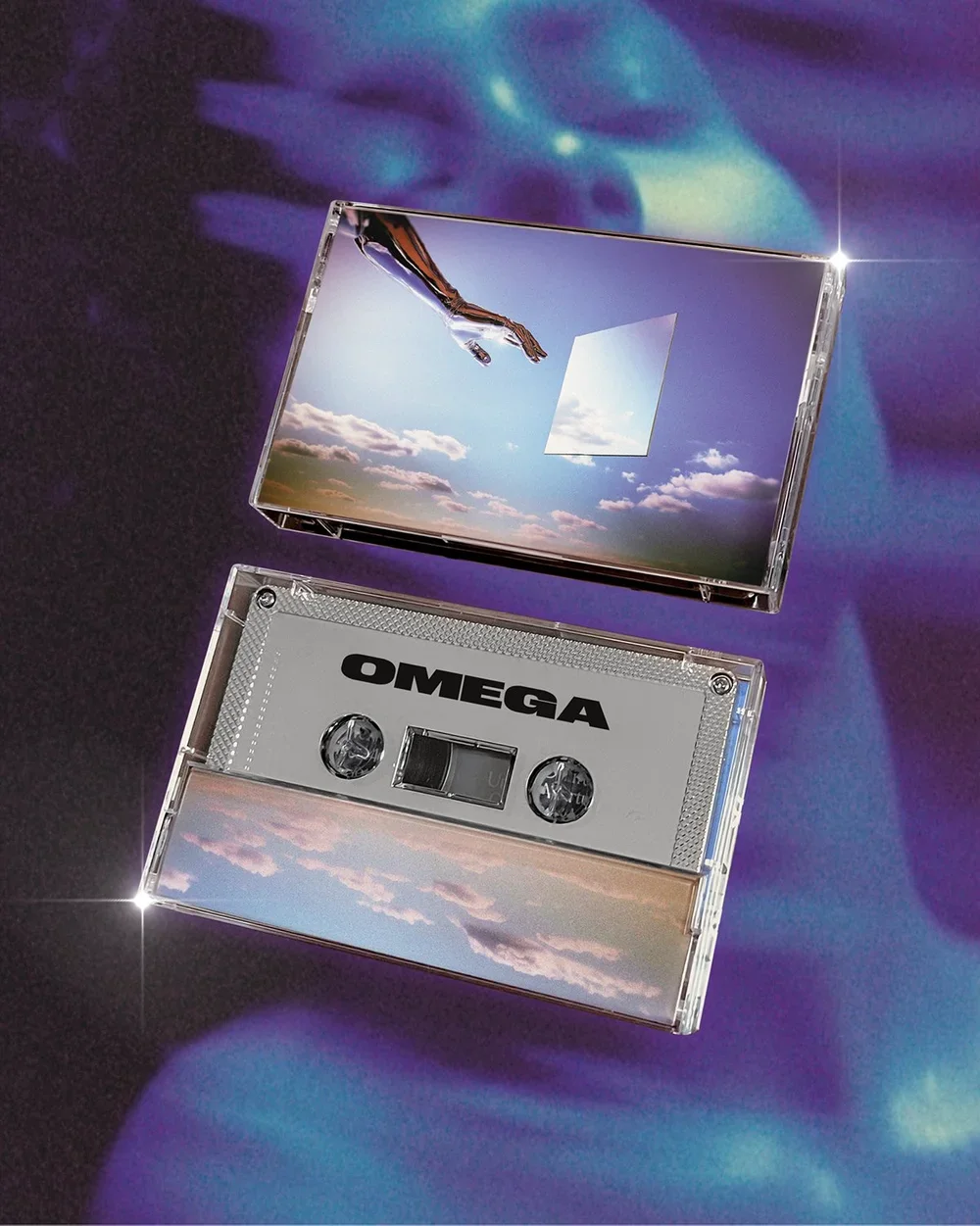 A cassette tape with a sky and clouds design on the case and tape, floating above a dark surface with a reflective background.