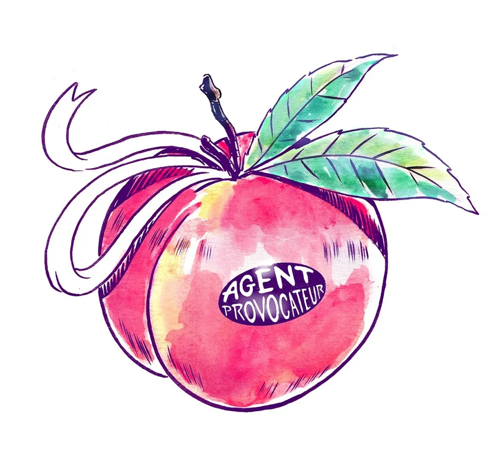 A watercolor illustration of a peach with green leaves. The peach has a black oval sticker with white text that reads "Agent Provocateur."