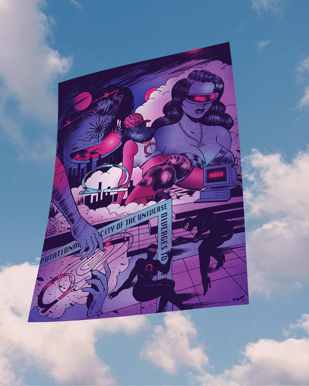 A large, colorful mural floating in the sky illustrating a futuristic, sci-fi scene with women, space elements, and a cityscape. The mural features a woman with futuristic glasses, a woman with dark hair, a computer, and various space-themed details.