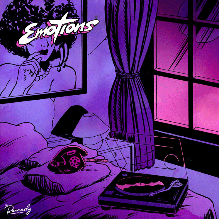 A bedroom with purple and pink lighting, featuring a bed with a purple blanket and pillows, a vintage rotary phone, a record player, nightstand with a lamp, window with purple curtains, and a framed artwork of a woman with curly hair and sunglasses o