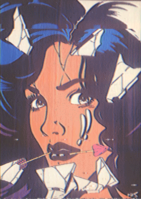 Cartoon illustration of a woman with blue hair and horns, holding a pink heart-shaped item, with a seductive expression.