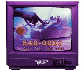 A purple CRT TV displaying an image of a hand pressing buttons on a remote control or device, with a phone number and some smaller text at the bottom.