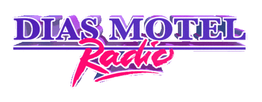 Logo for Dias Motel Radio with pink background, purple and red text.