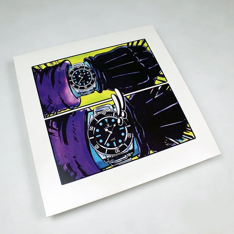 Open square print featuring comic-style art of wristwatch with purple jacket sleeve