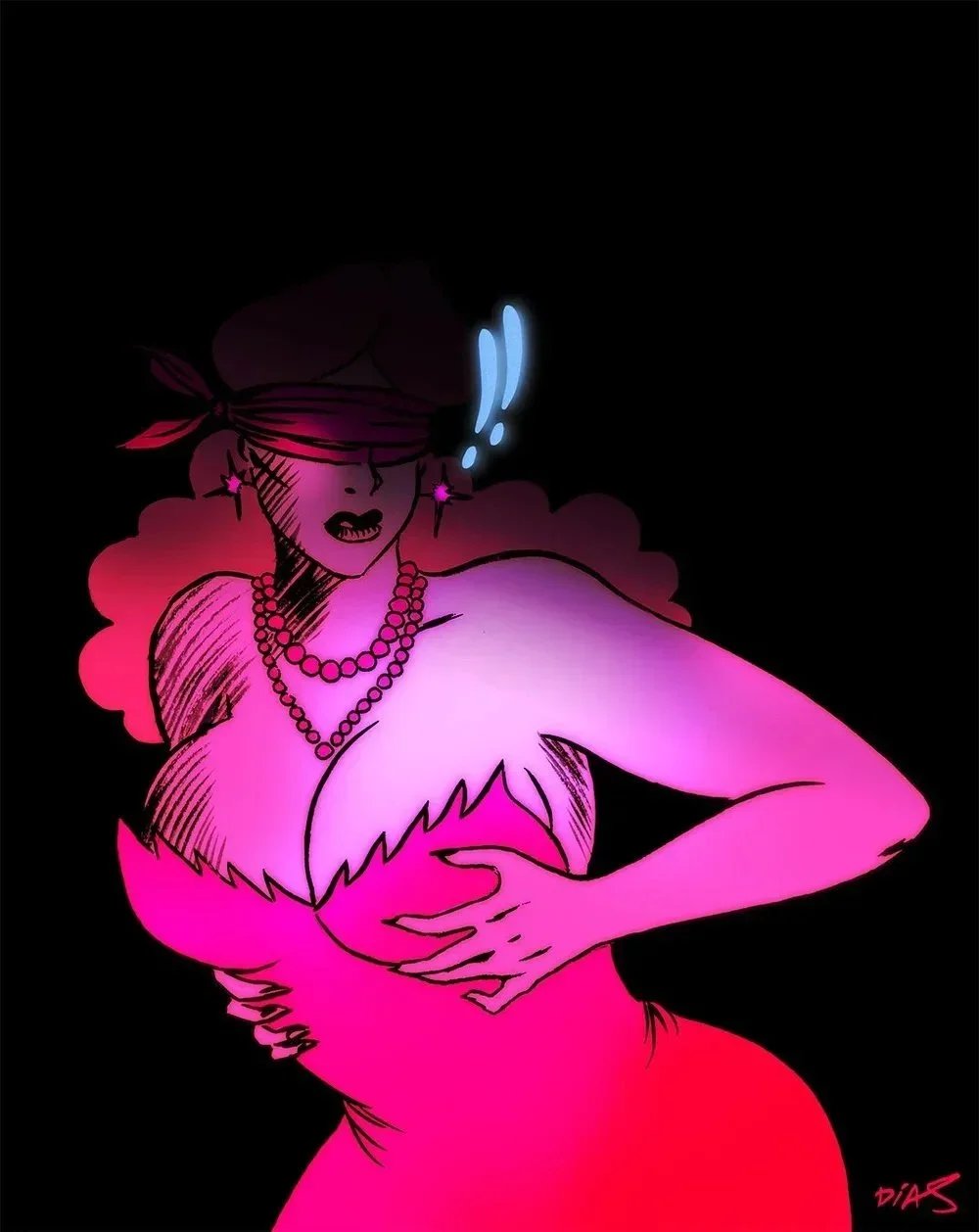 A stylized digital illustration of a woman wearing jewelry and a dress, with an expressive face and dynamic pose against a black background. The image uses pink and purple neon-style lighting effects.