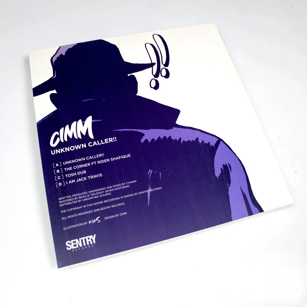 A vinyl record album cover with a silhouette of a person wearing a hat and glasses, with stylized exclamation marks above the head, featuring the title 'CIMM Unknown Caller' and a track listing.