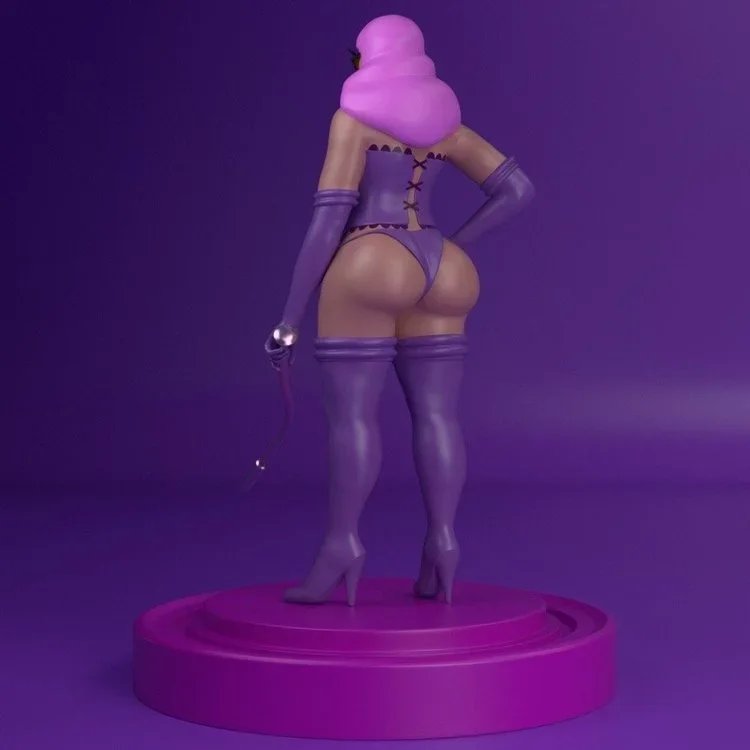 A figurine of a woman with purple hair wearing purple lingerie, thigh-high purple stockings, and purple high heels, standing on a magenta circular platform with a purple background.
