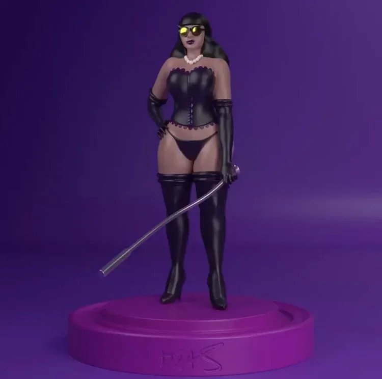 A figurine of a woman in black leather lingerie, thigh-high boots, and sunglasses, holding a riding crop, standing on a pink round display stand against a purple background.