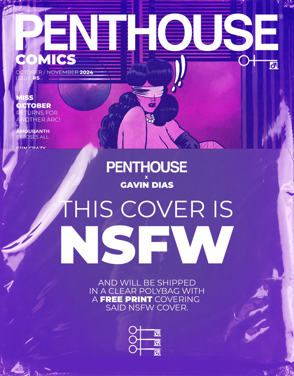 A magazine cover titled "Penthouse Comics" with purple and pink colors. It features an illustration of a woman with black hair, wearing a blindfold, and displaying surprise or shock. There is text indicating this is the October/November 2024 issue, issue #5, and details about a collaboration with Gavin Dias. The cover states it is NSFW and will be shipped with a clear polybag and a free print cover.