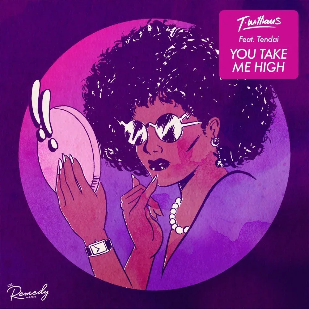 Illustration of a woman with curly hair wearing sunglasses and earrings, looking into a mirror and touching her lip with her finger. She is dressed stylishly with a necklace and watch, with a confident expression. The background features a purple and pink color scheme. Text indicates this is a music cover for T.willhaus featuring Tendai, titled "You Take Me High".