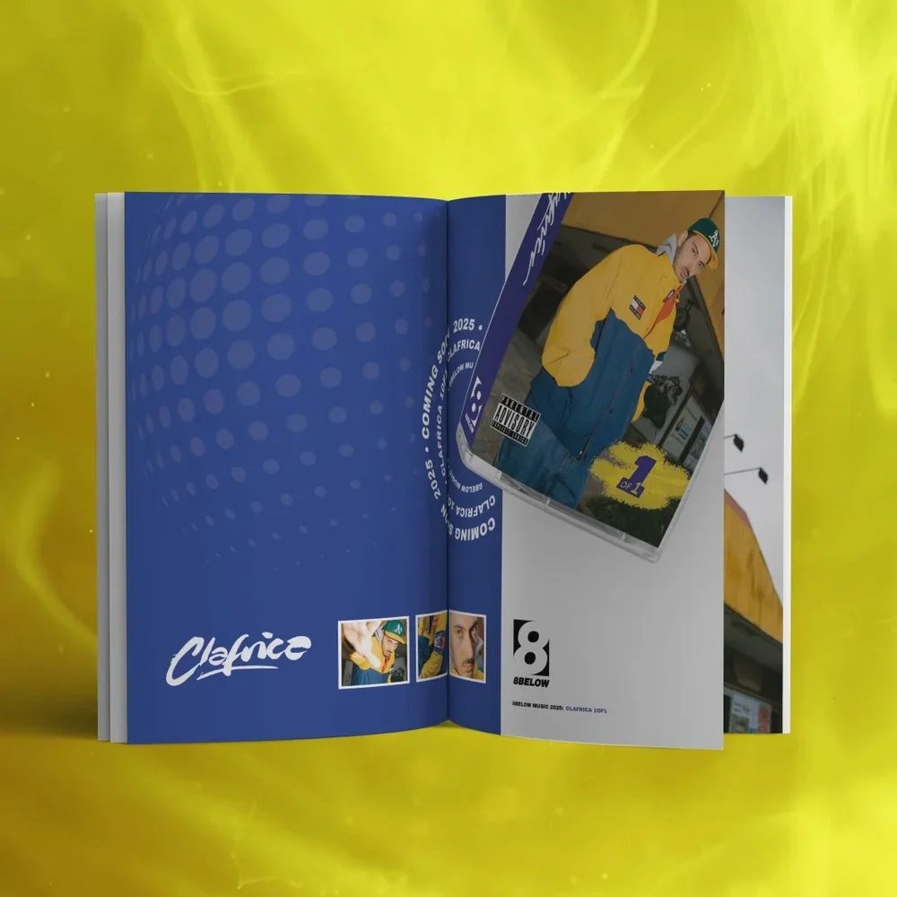 Open magazine featuring a page with a blue background, the word 'Clarice' in white, and a person wearing a yellow and blue jacket and green beanie on a second page.