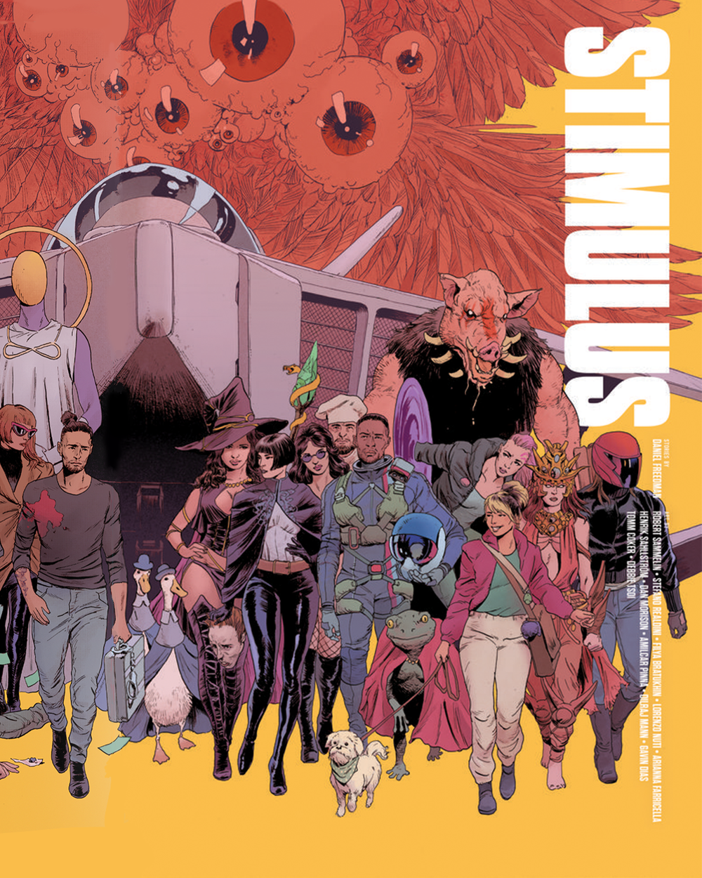 A group of diverse characters including animals, humans, and fantastical creatures are walking together in front of a large airplane with a missile on its nose. The background features large eyeballs floating among red feather-like shapes and a yellow backdrop. The title 'STIWULU' appears vertically on the right side of the image.