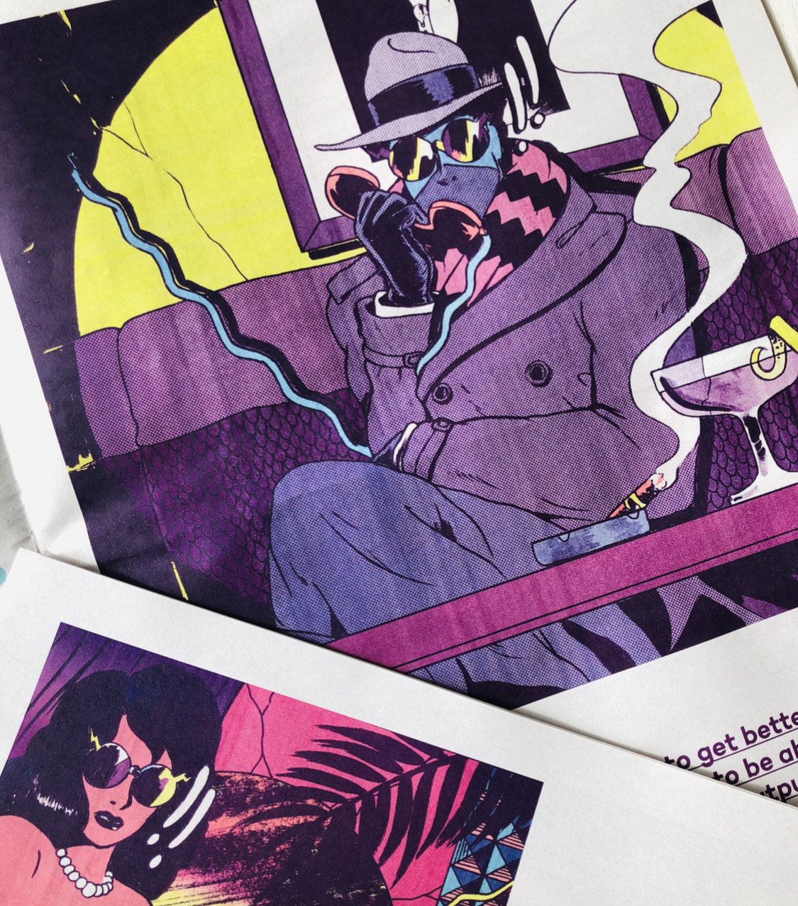 A comic-style illustration of a person wearing sunglasses, a hat, and a scarf, sitting on a purple couch with a phone to their ear, surrounded by drinks and smoking.