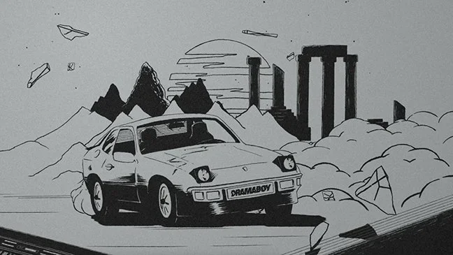 A black and white drawing of a car labeled 'DRAMABOY' driving on a road with mountains and a cityscape in the background, including a sunset or sunrise and flying objects.
