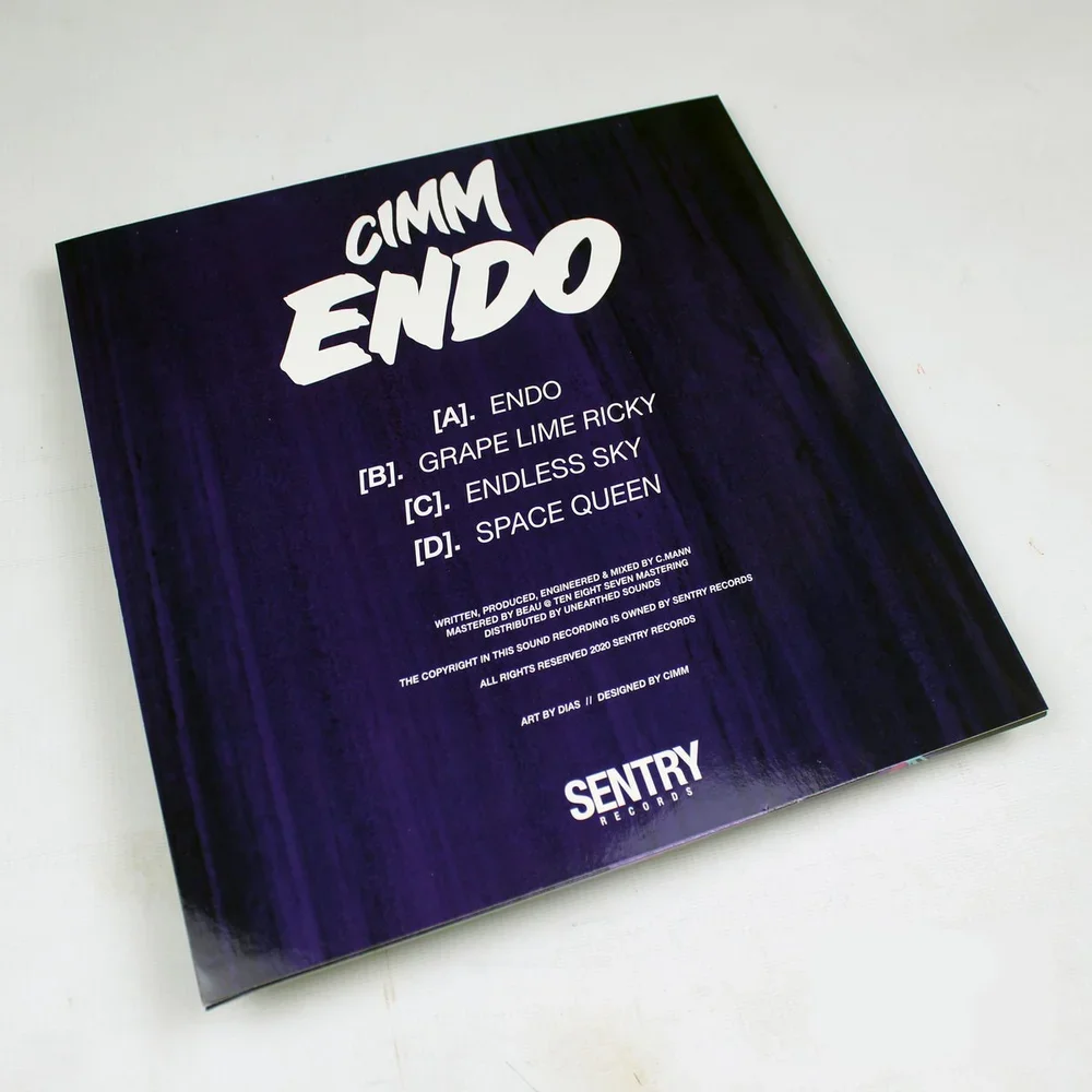 A vinyl record album cover with a dark purple background titled 'Cimm Endo' and a tracklist featuring four songs.