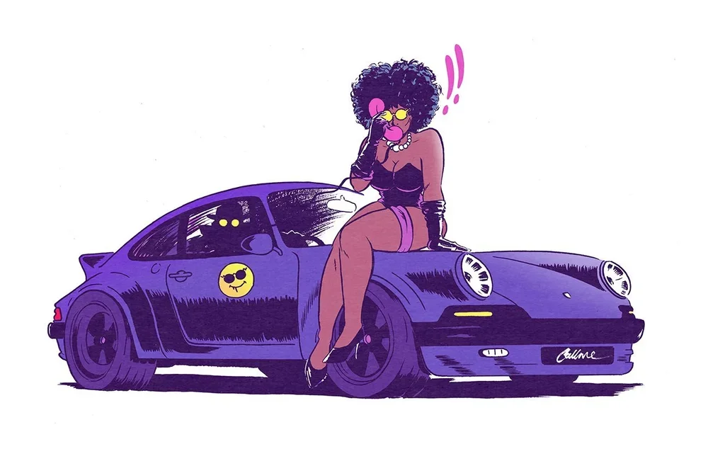 A cartoon illustration of a woman with curly hair, yellow sunglasses, and purple top, sitting on a purple sports car while talking on a phone. The car has a smiley face sticker on the side and the woman appears surprised or excited.
