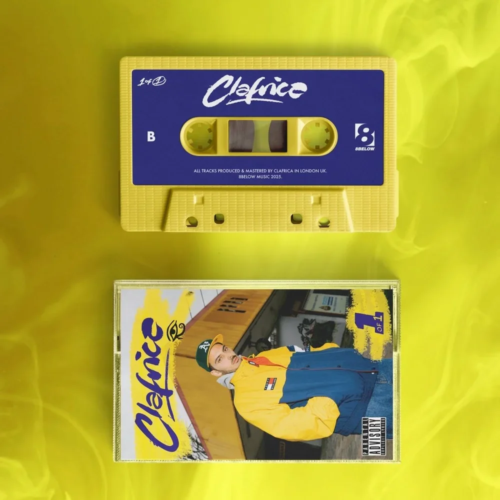 A yellow cassette tape labeled 'Clarfico' and an album cover featuring a young man in a yellow and blue jacket with a green cap and graffiti in the background.