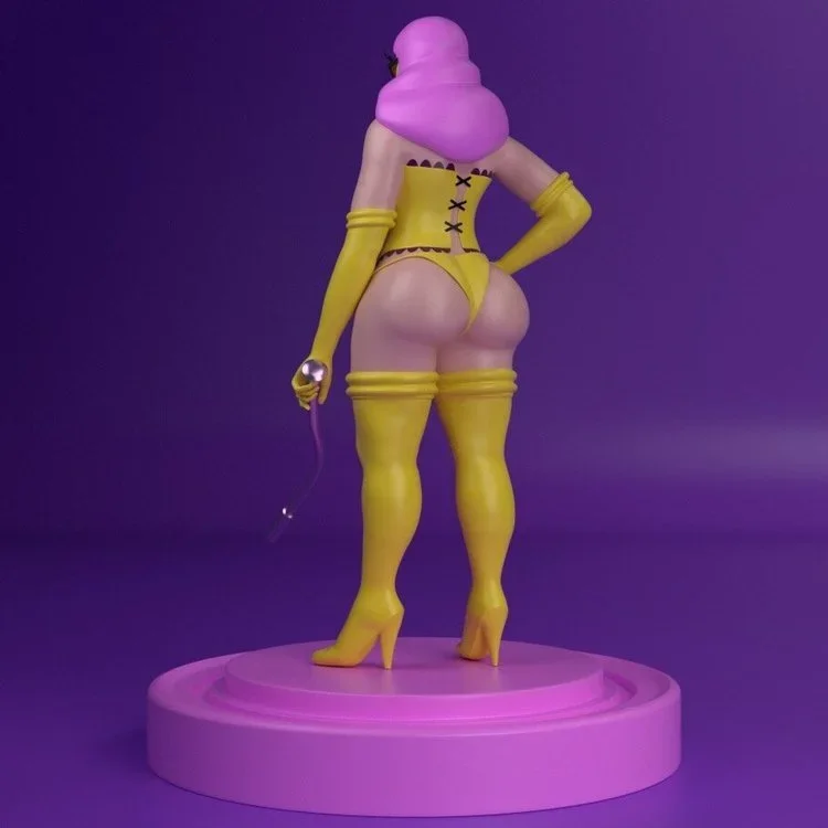 Front view of a stylized female figure with purple hair, wearing a yellow corset, matching thigh-high boots, and underwear, standing on a round pink pedestal against a purple background.
