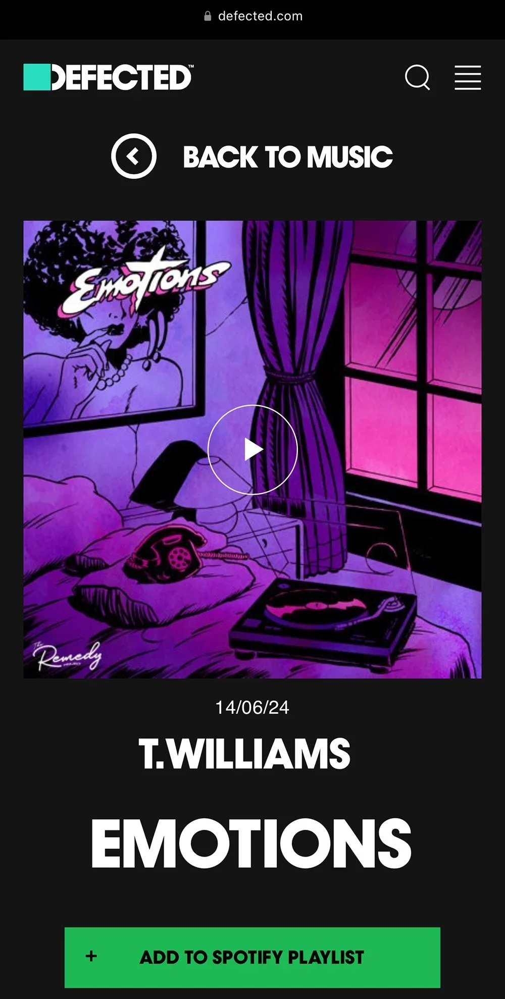 Album cover art for T. Williams' single 'Emotions' from the 'Remedy' series, featuring a purple-toned illustration of a bedroom with a turntable and telephone, purple curtains, and a portrait of a woman.