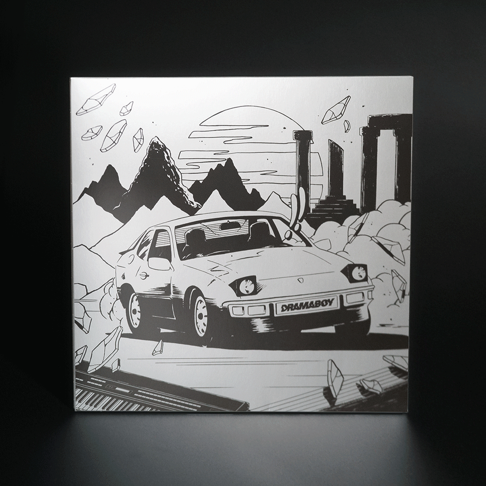 Black and white illustration of a sports car with a license plate reading 'DRAMABOY,' set in a futuristic landscape with mountains, ruins of a structure, flying objects, and a setting sun in the background.