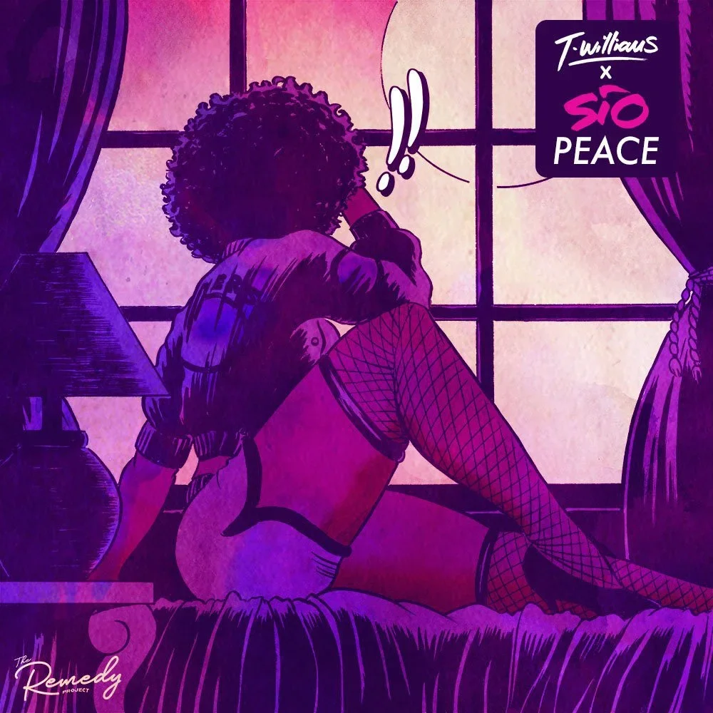 A person with curly hair sitting on a bed, looking out a window with purple curtains, with a lamp on a bedside table nearby, and a sign in the corner reading 'T. Willhays x SIO PEACE' with a pink and purple color scheme.