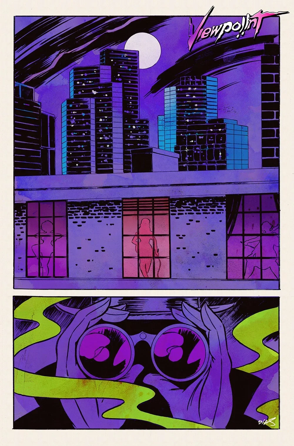 Comic-style illustration of a cityscape at night with tall buildings, a full moon, and neon pink and purple lighting. The lower panel shows a person looking through binoculars with green smoke or mist around them.