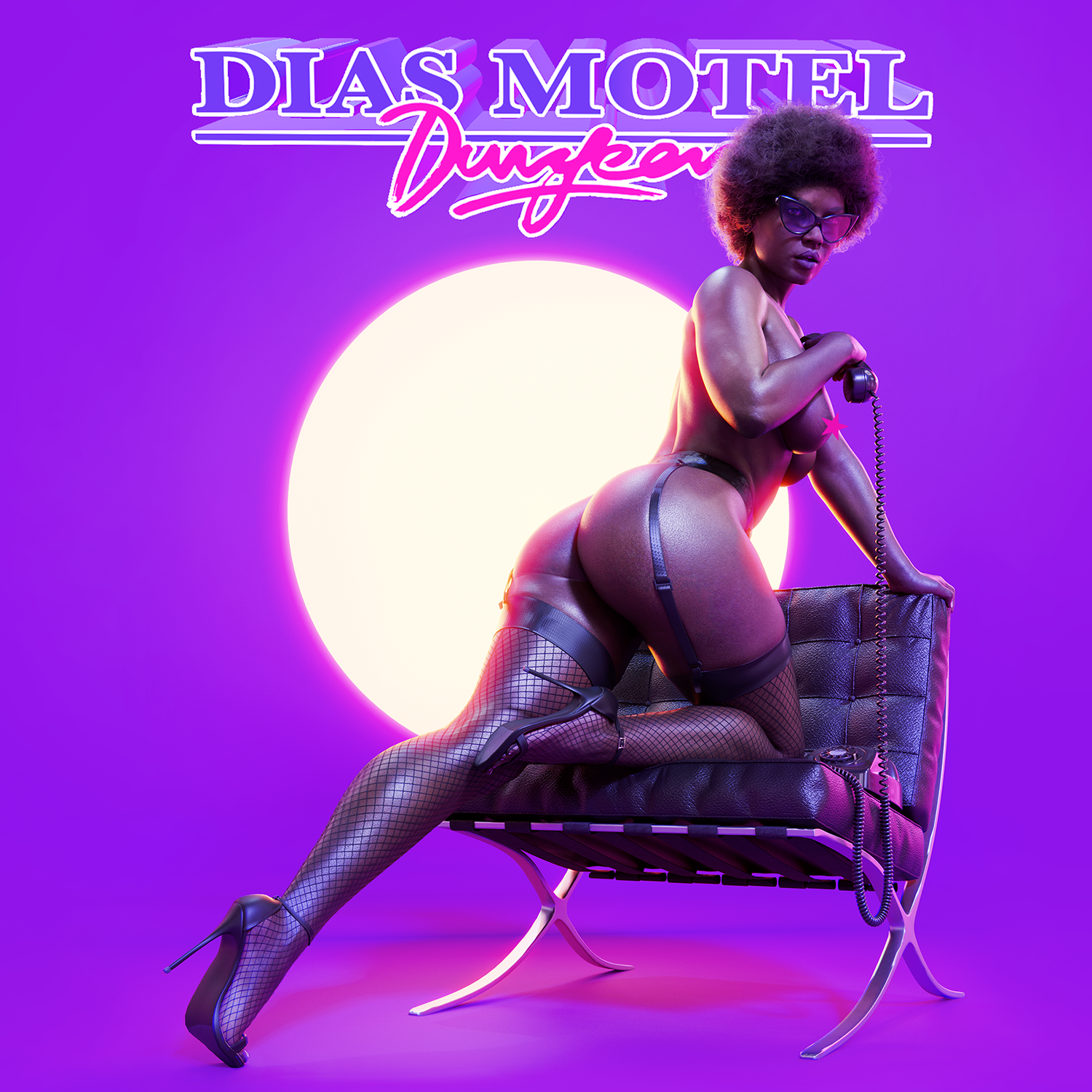 A woman with an afro hairstyle and glasses, wearing fishnet stockings, high heels, and lingerie, poses on a vintage chaise lounge with a purple neon-lit background and a large, glowing white circle behind her. She holds a vintage phone receiver.