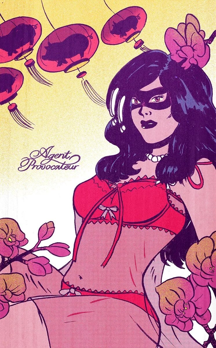 A comic-style illustration of a woman with long dark hair, wearing a red lingerie top with lace details, a pearl necklace, and a pink bow in her hair. She has a black mask over her eyes and is surrounded by pink flowers and floating pink balloons featuring silhouettes of pigs. The text reads "Agent Provocateur."