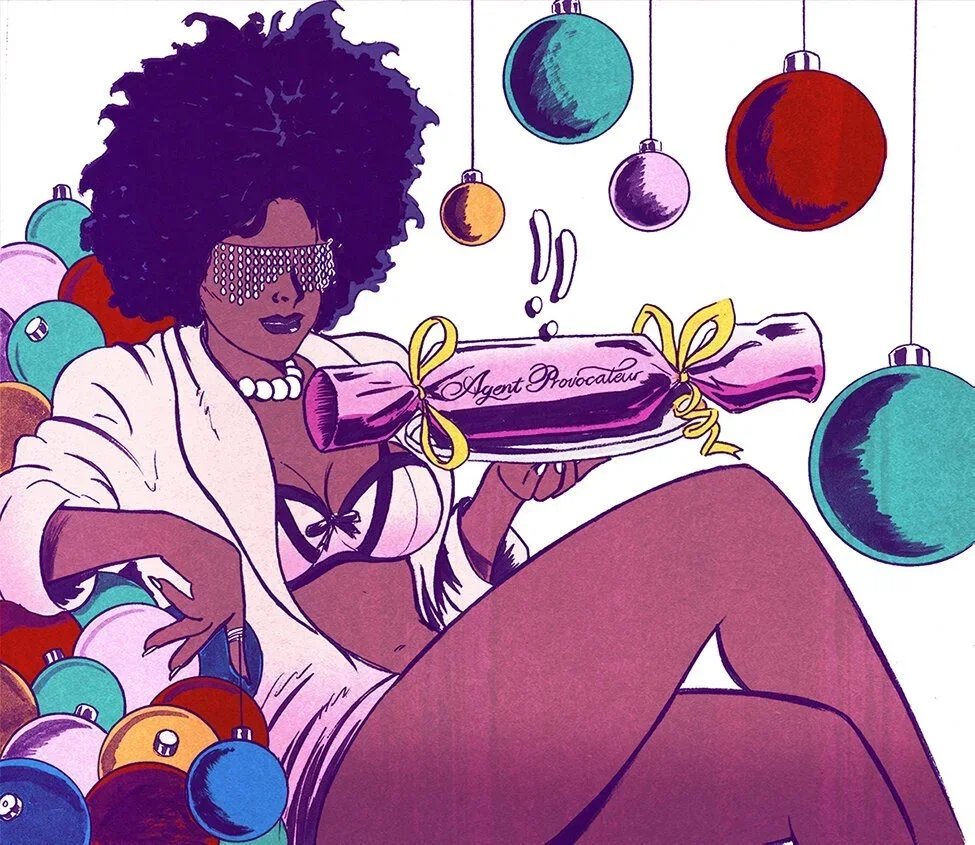 Illustration of a woman with large curly hair in a revealing outfit, wearing a pearl necklace and face jewelry, sitting amidst colorful Christmas ornaments. She holds a wrapped gift labeled 'Agent Provocateur.'