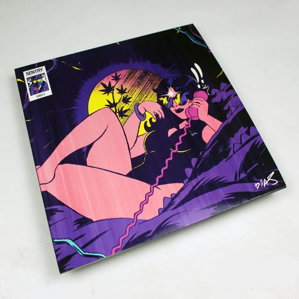 A graphic illustration of a woman with long dark hair, wearing glasses, lying on her back on a bed, talking on the phone, with a large yellow full moon and silhouettes of leaves in the background. The artwork has a neon, vaporwave style with purple, pink, and yellow hues.