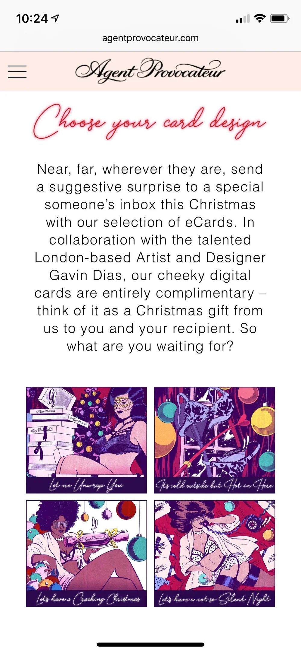 Four digital Christmas greeting cards featuring women in provocative poses surrounded by holiday decorations, with captions like "Let me unwrap You," "It's cold outside but Hot in Here," "Let's have a Cracking Christmas," and "Let's have a not so Silent Night."