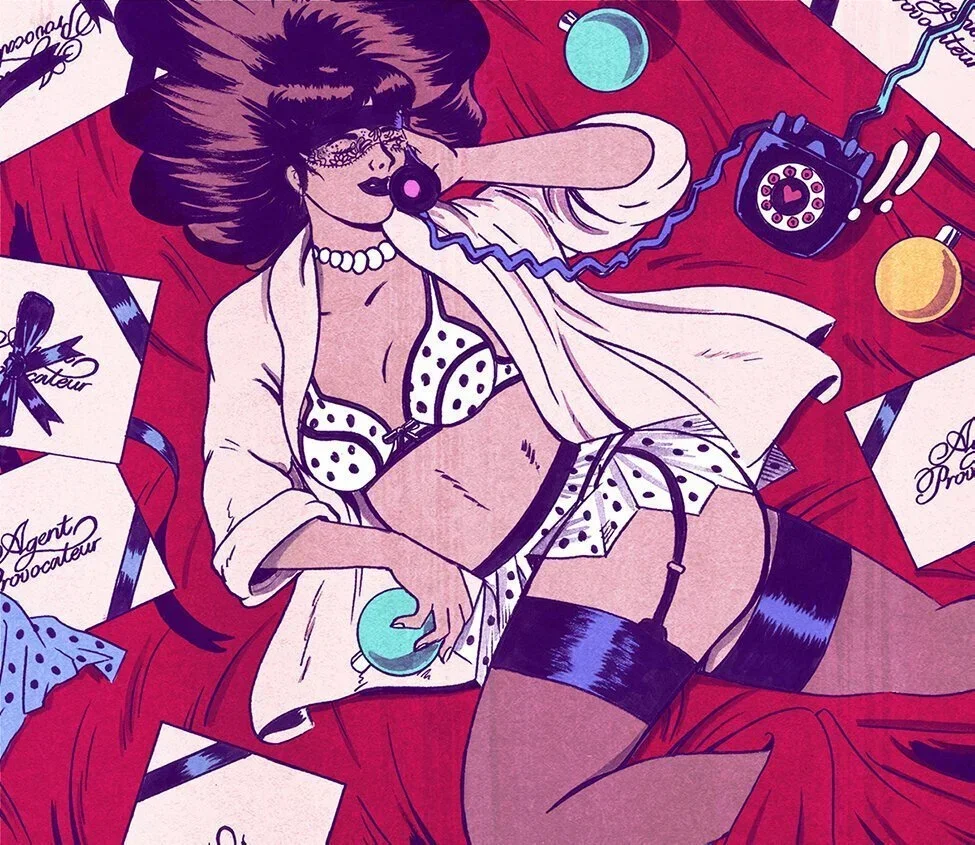 A woman with voluminous hair lying on a red satin sheet, wearing lingerie and stockings, with a vintage telephone beside her. She is surrounded by papers and a glass of wine.