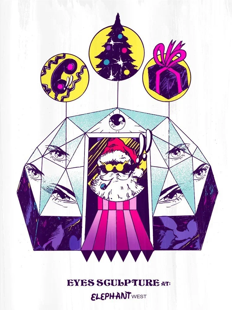 Stylized holiday-themed illustration featuring a Santa Claus with sunglasses inside a geometric glass display, surrounded by floating holiday icons including a Christmas tree, a present, and ornaments, with eyes incorporated into the design.