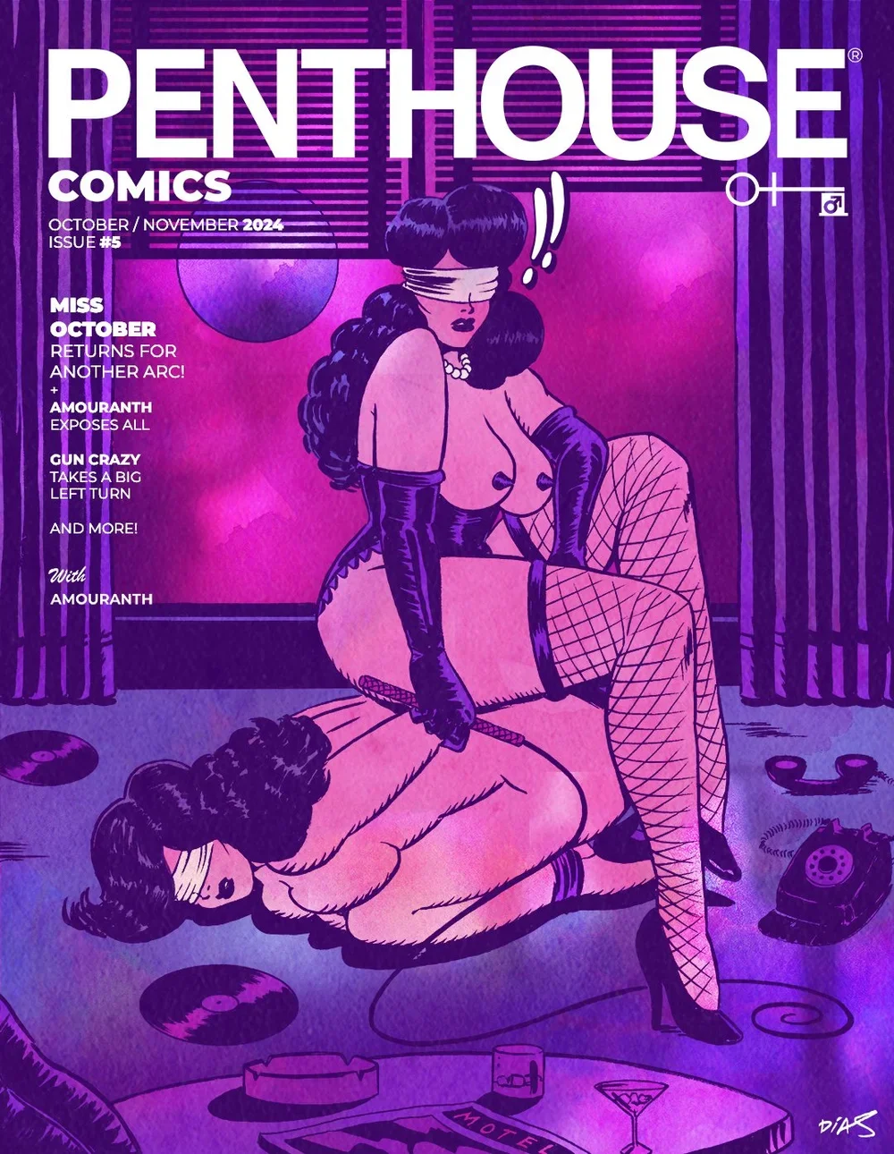 Cover of Penthouse Comics magazine, October/November 2024 issue, featuring an illustrated scene of a woman with long black hair, blindfolded, wearing gloves and fishnet stockings, sitting on a bed with her legs crossed. A second woman in fishnets and high heels kneels on the floor, holding a riding crop. The background is purple with some decor and objects, including vinyl records, a telephone, and a bar sign.