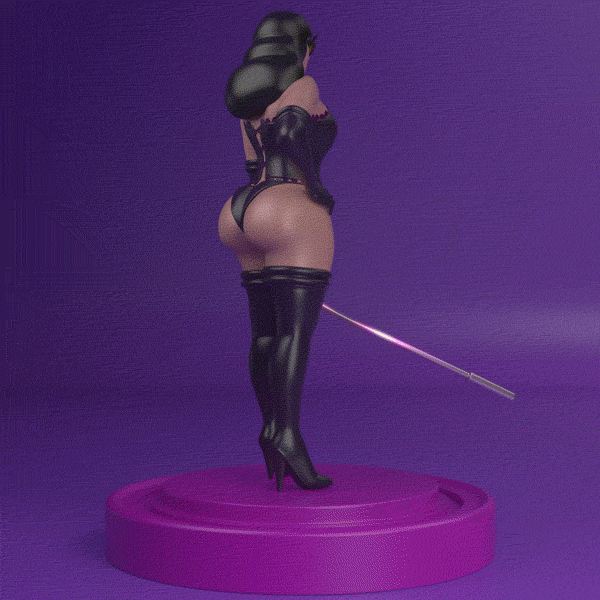 A digital sculpture of a woman in lingerie with thigh-high boots, standing on a purple circular base, holding a pink laser sword against a purple background.