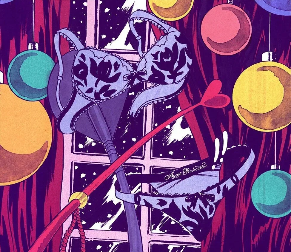 Colorful illustration of a purple leopard-print bra, with a red arrow piercing through it, hanging among colorful Christmas ornaments in front of a window with a night sky background.