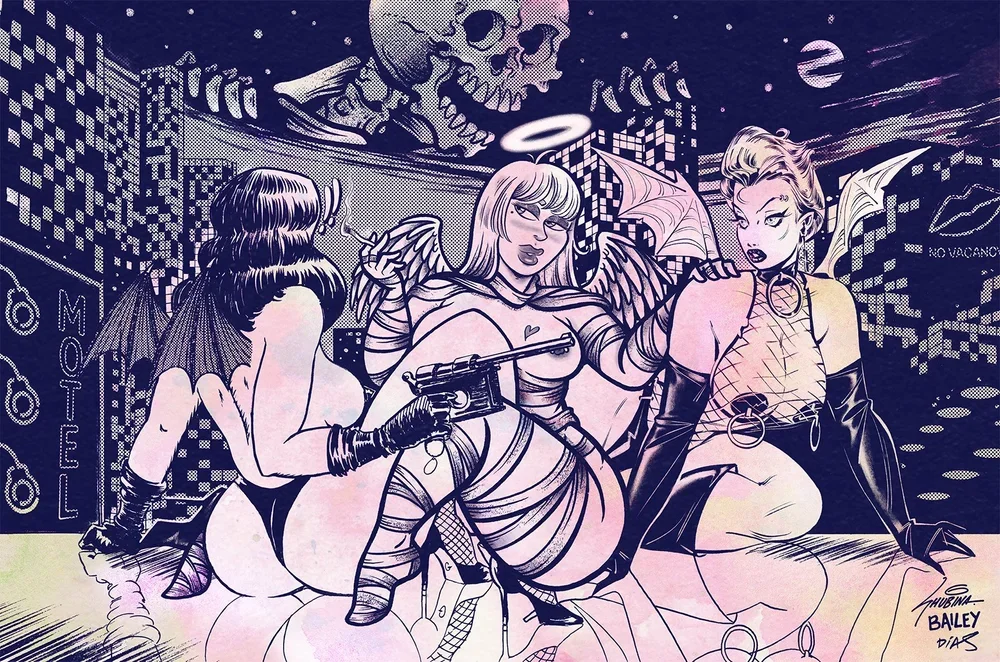 Comic-style illustration of three female characters with devil and demon themes, dressed in provocative outfits with wings and horns, in a cityscape background with a skull and dark sky.