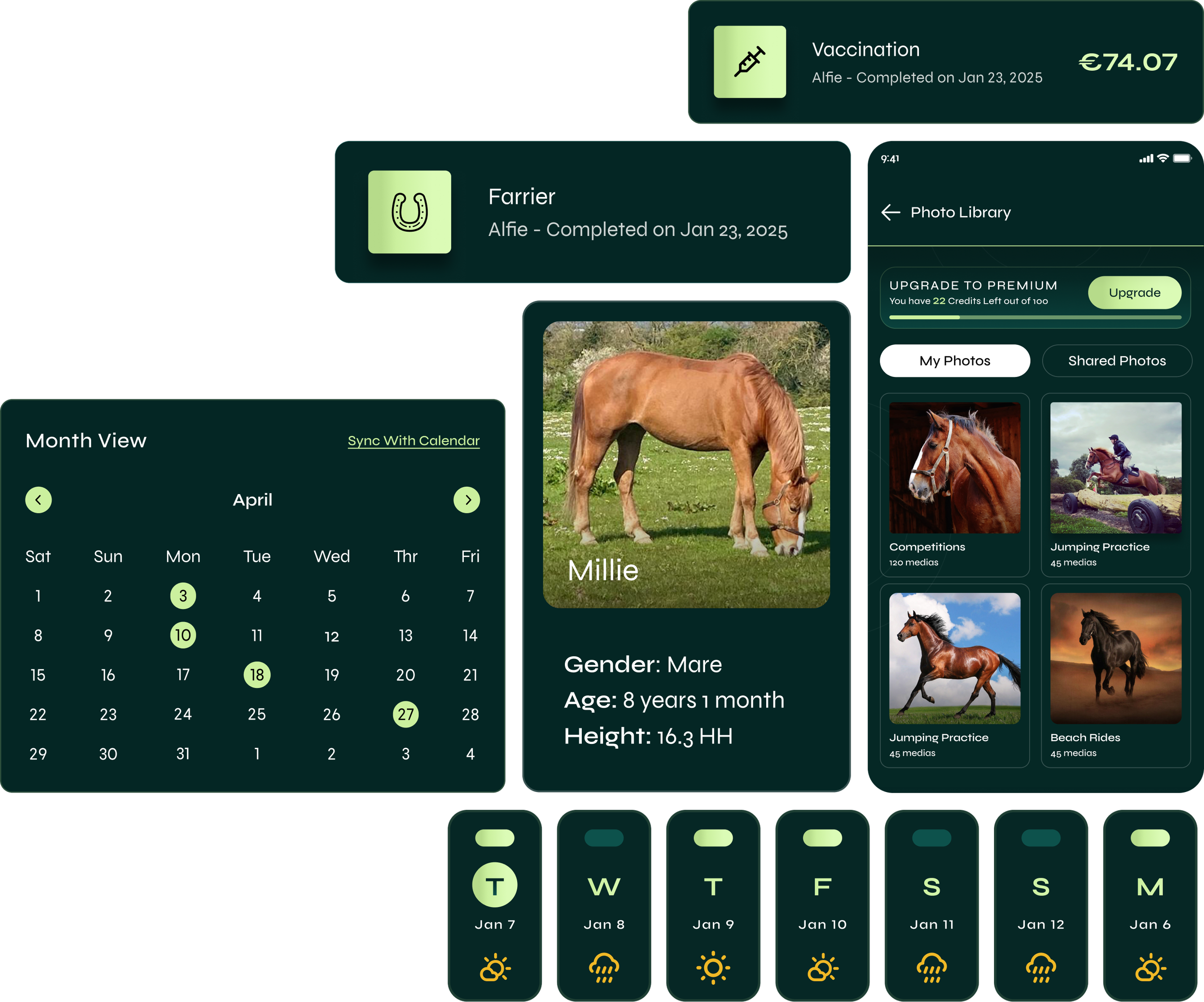 An app interface for tracking a horse's information and activities, displaying a calendar, photos, and vaccination details, with a stylized green and dark background design.