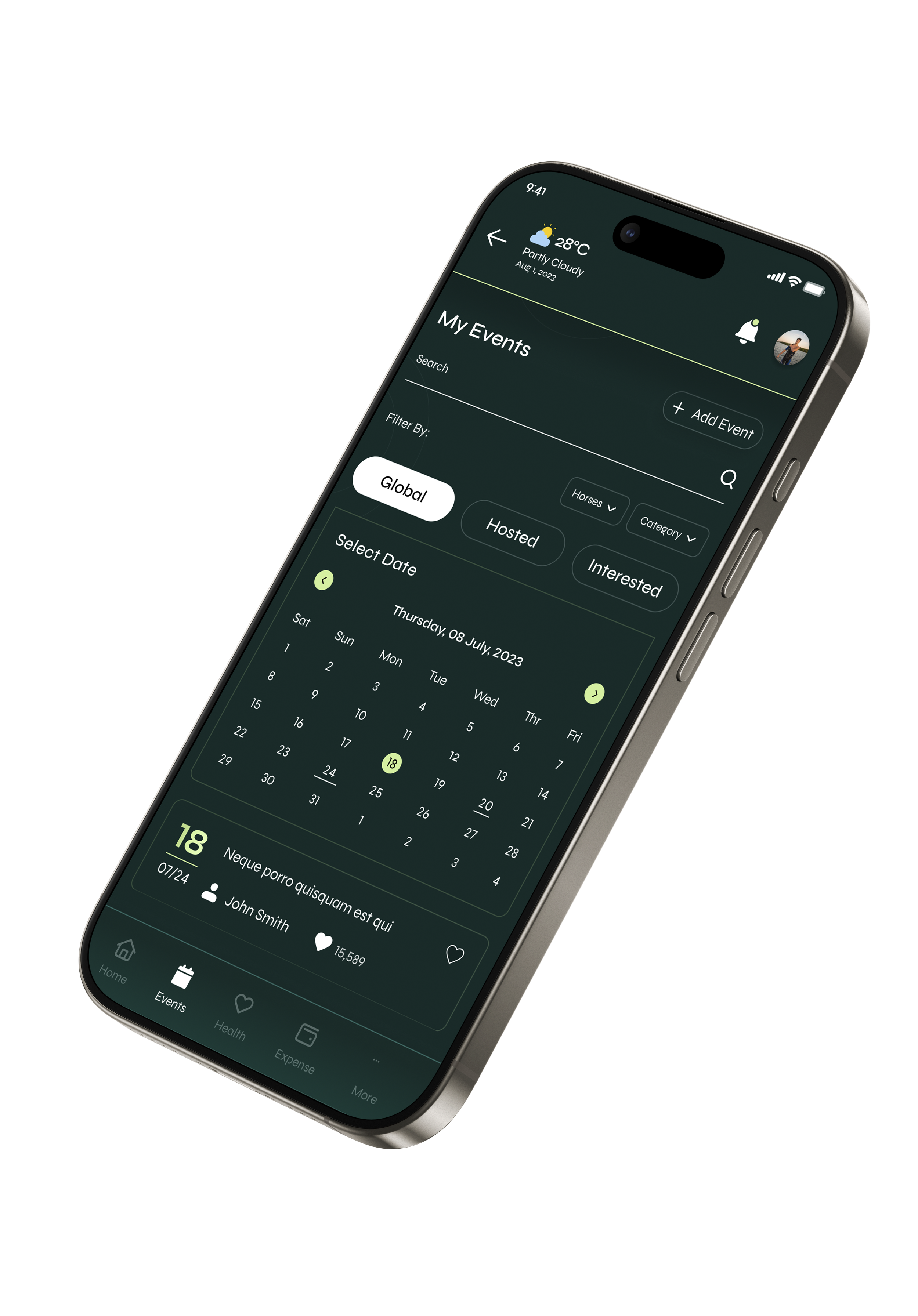 A smartphone displaying a calendar and event management app with weather info at the top, showing a partly cloudy day with a temperature of 28°C. The app screen shows a calendar view for July 2023, with an event on July 18th marked by a yellow circle. The event details include a title, the date, and the organizer's name. The bottom navigation menu includes icons for Home, Events, Health, Expense, and More.