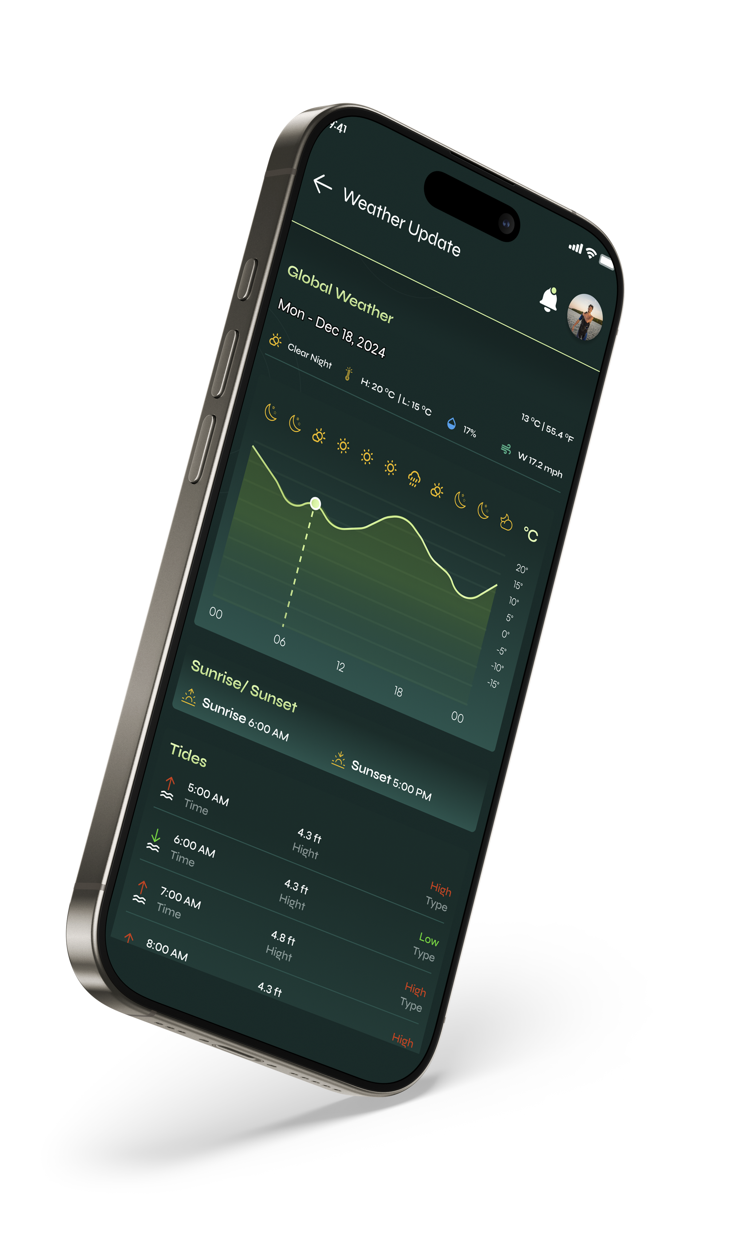 Smartphone displaying a weather app with global weather data, temperature, tide information, and sunrise and sunset times.