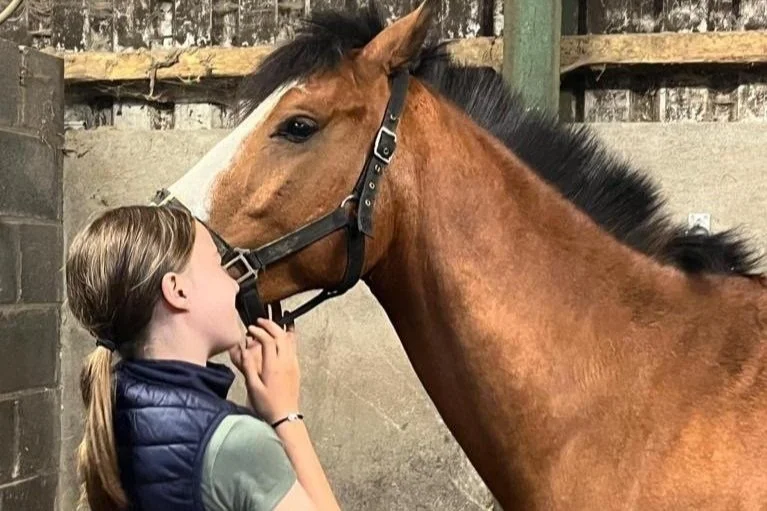 Girl with braided hair wearing a navy vest softly touching the face of a brown horse with a white blaze, inside a stable.