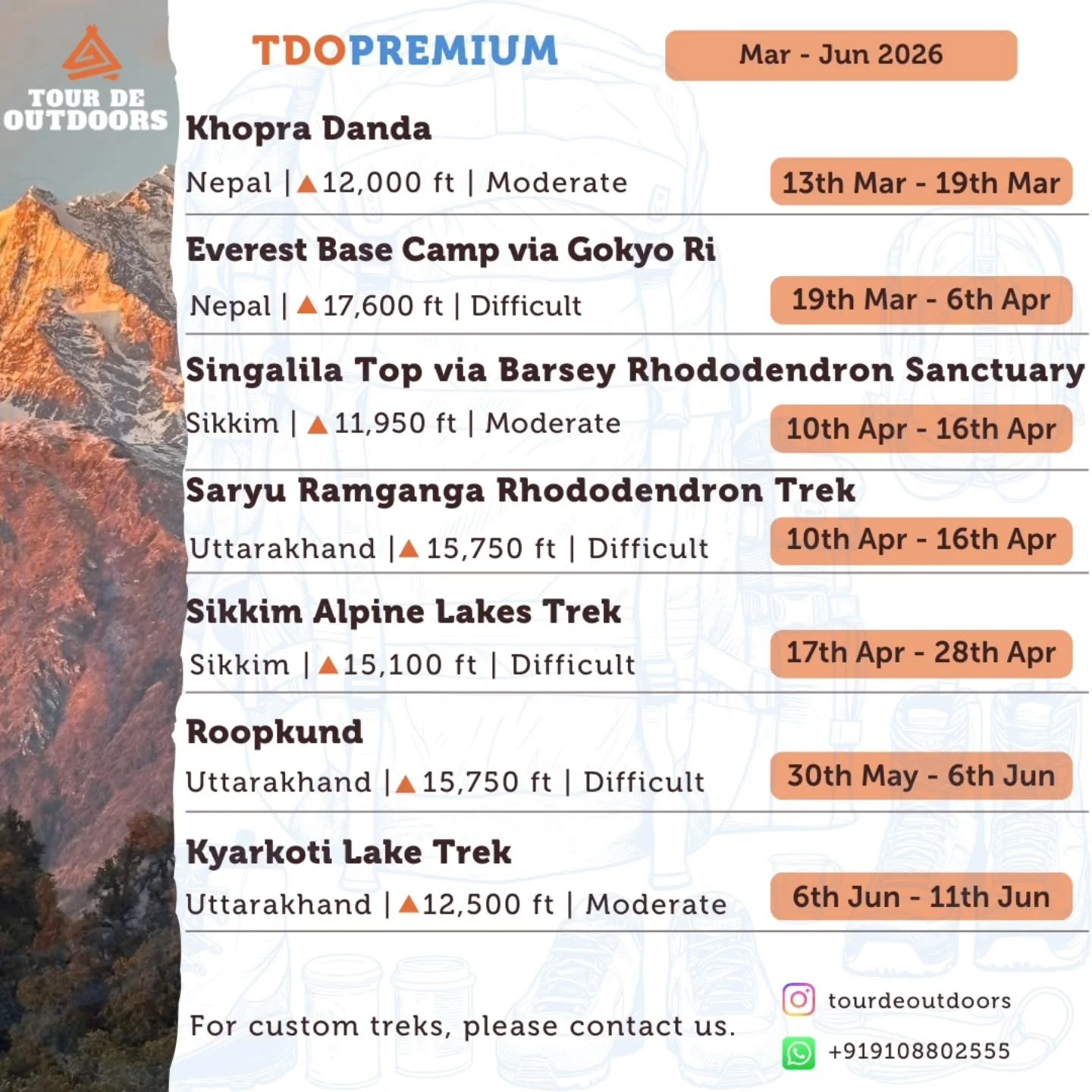Sharing our Mar&ndash;Jun 2026 trek calendar.🗻
A mix of familiar routes and a few we&rsquo;ve been looking forward to running again.
Come experience them beautiful Spring rhododendrons, alpine lakes, and some long days at altitude.
Apart from custom