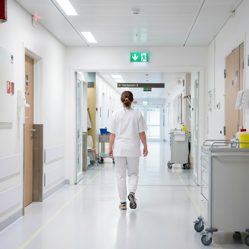 En sykepleier i hvit uniform går nedover en hvit korridor på et sykehus.