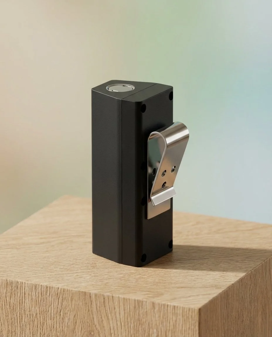 En svart og sølv automatisert dørpumpe plassert på en trebord.