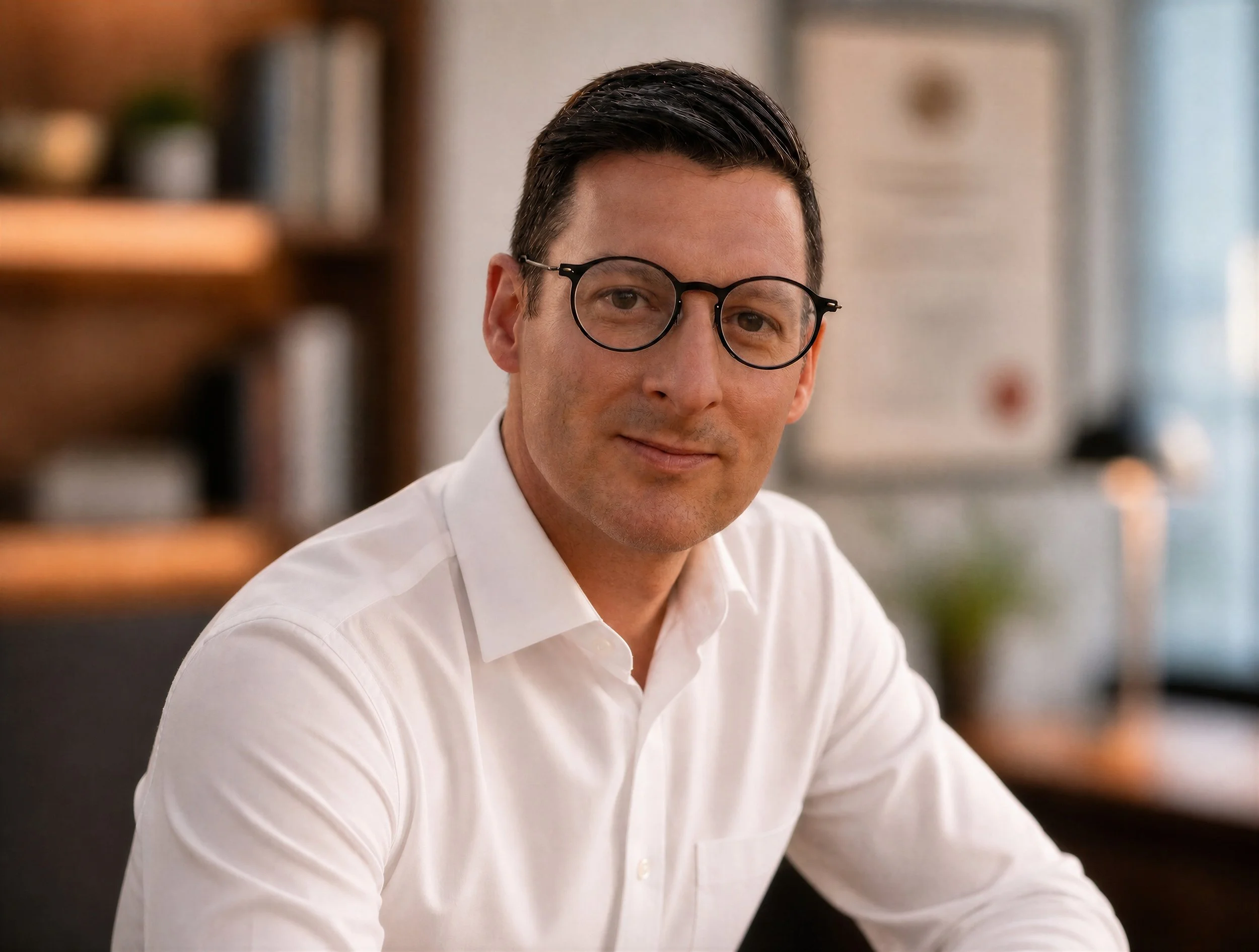 A man with dark hair and glasses wearing a white shirt, sitting indoors with bookshelves blurred in the background.