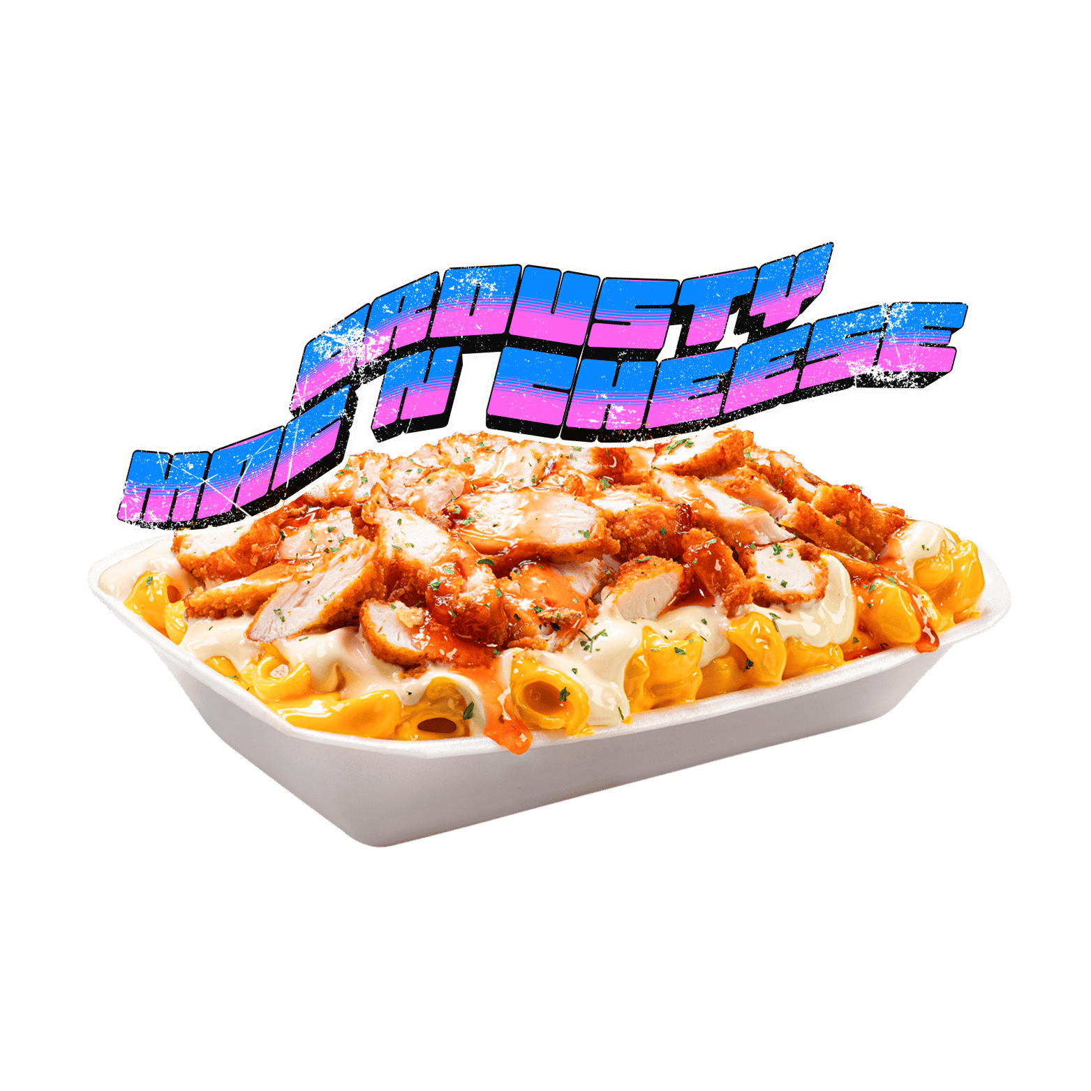 Un plat de pâtes garnies de sauce, fromage, et herbes dans une boîte alimentaire avec un logo "Crousty Crispy" dans le couvercle.