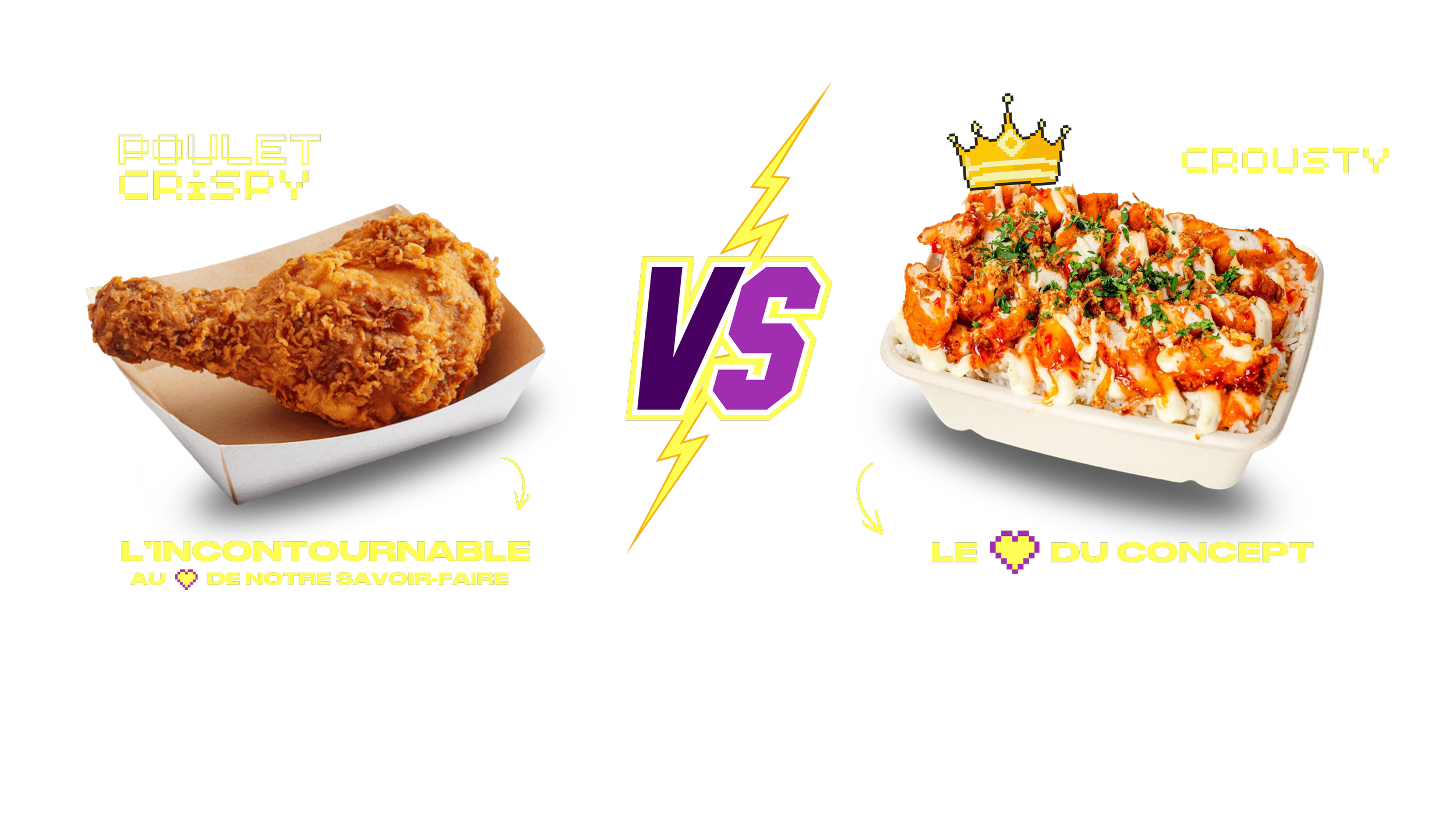 Comparaison entre un morceau de poulet frit croustillant et un plat de pâtes garnies de sauce et d'herbes, avec un style graphique pixelisé et coloré.