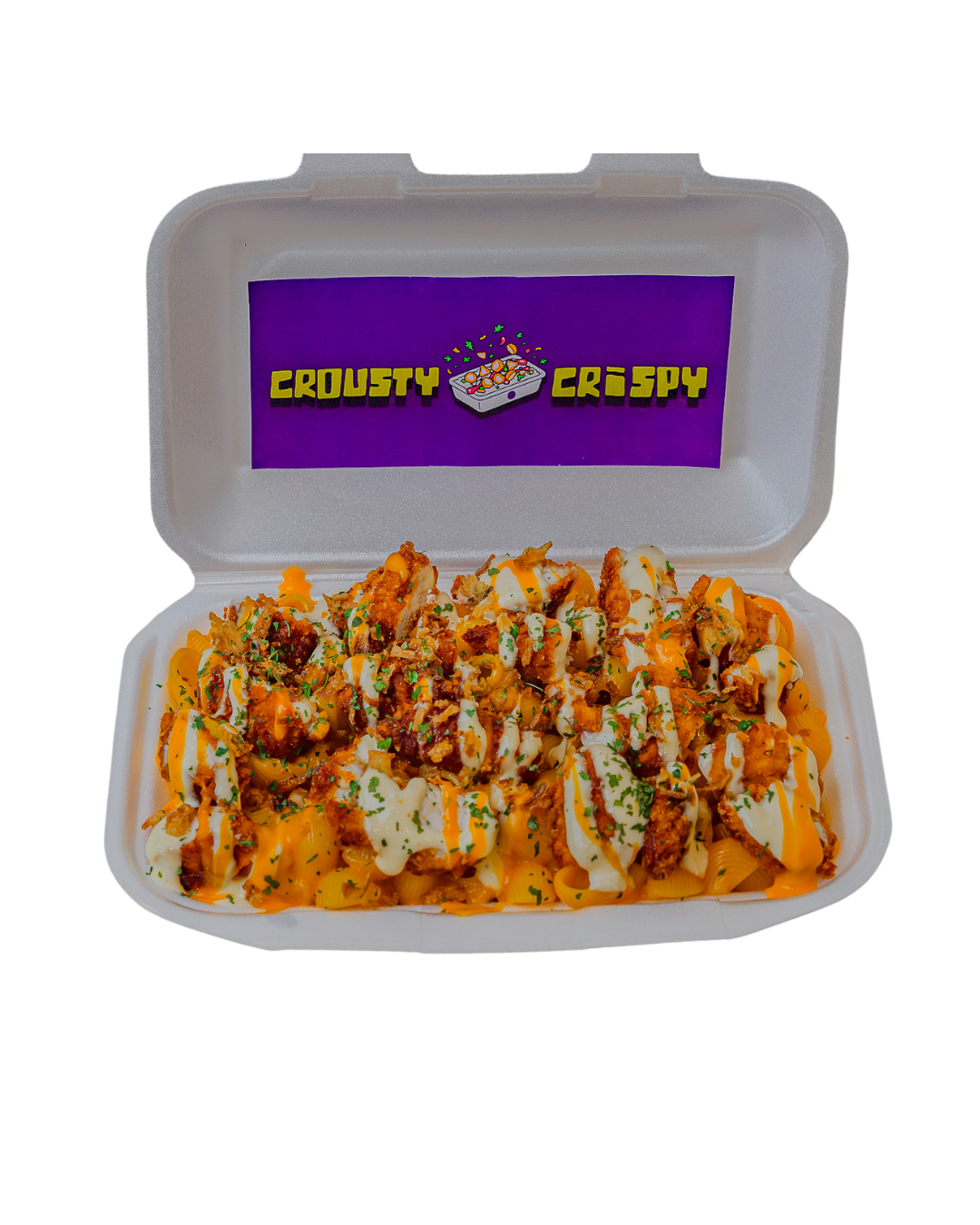 Un plat de pâtes garnies de sauce, fromage, et herbes dans une boîte alimentaire avec un logo "Crousty Crispy" dans le couvercle.