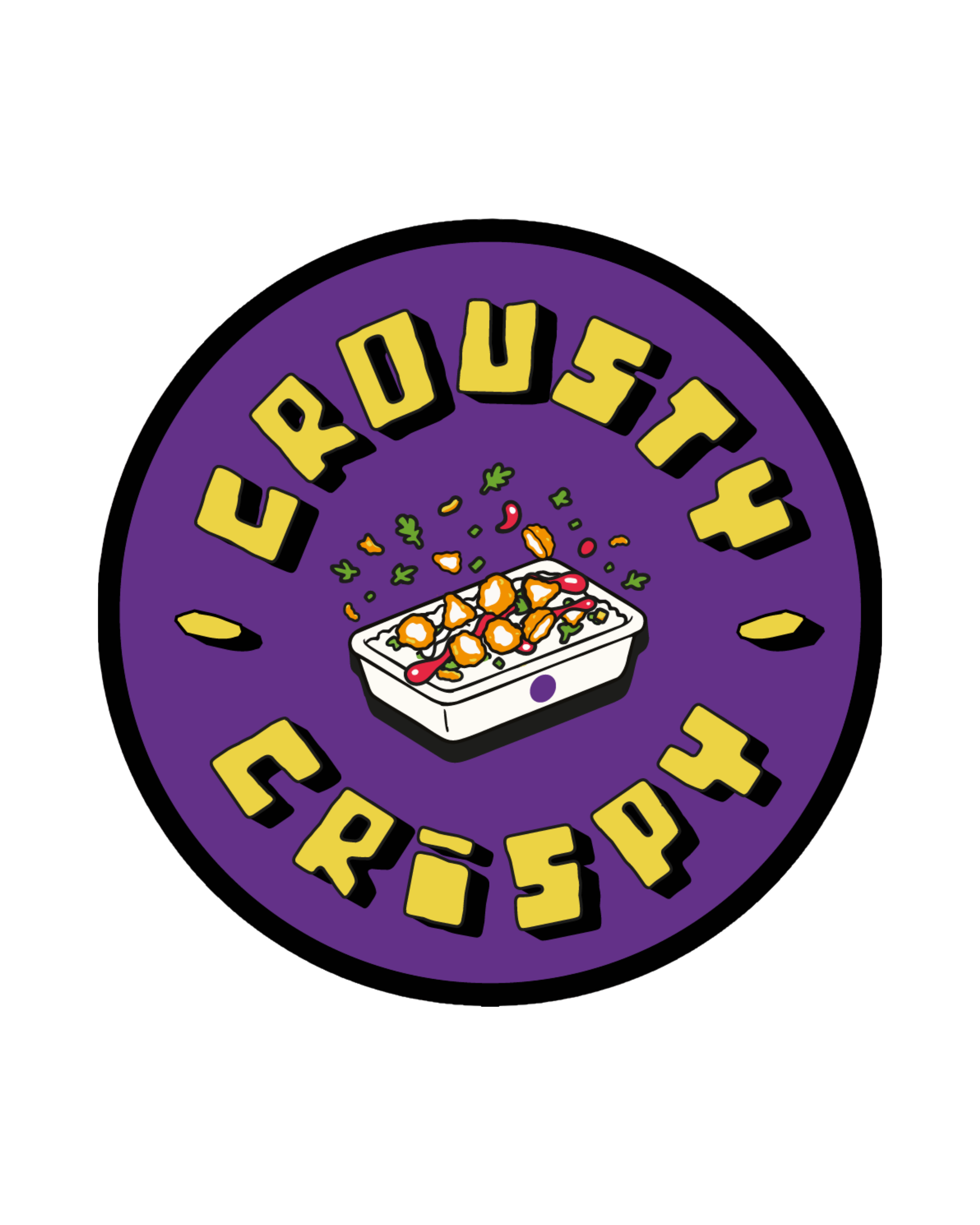 Capsule logo Crousty Crispy, violet avec un crousty en son centre, entouré du texte 'CROUSTY CRISPY' en lettres jaunes en arc.