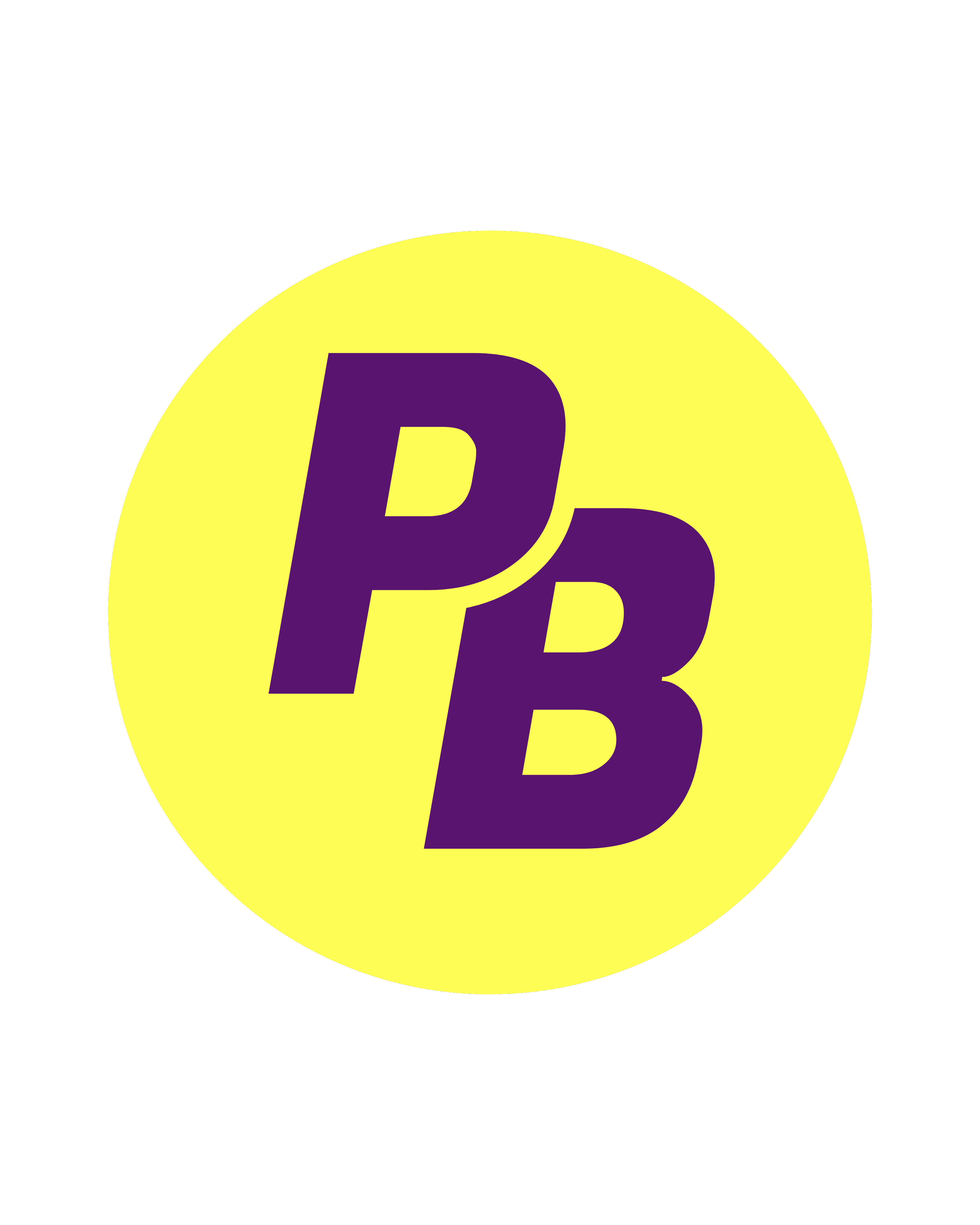 Logo avec deux lettres P et B en violet sur un fond jaune dans un cercle, sur fond noir